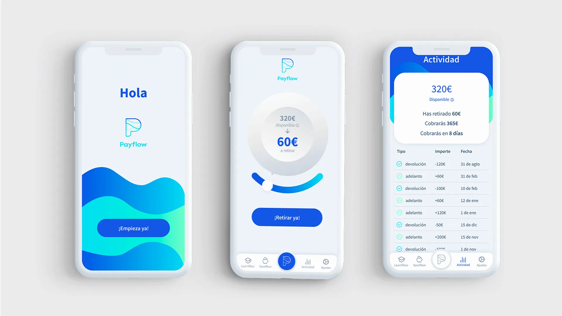 Three phone screens of Payflow app showing welcome, withdrawal amount, and activity with transactions in Spanish.