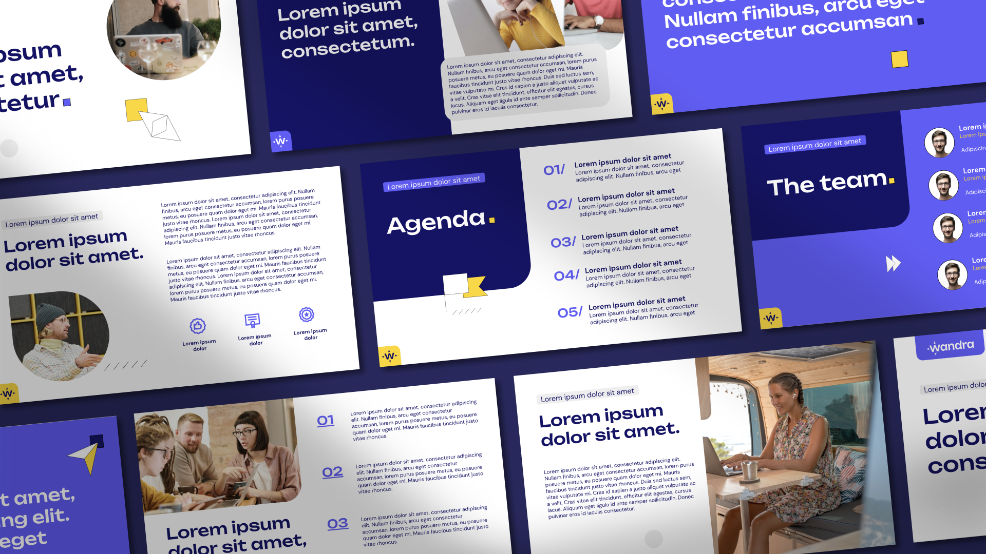 Collage of slides with blue and white backgrounds featuring text placeholders, icons, agenda list, team member photos, and images of people working and meeting.