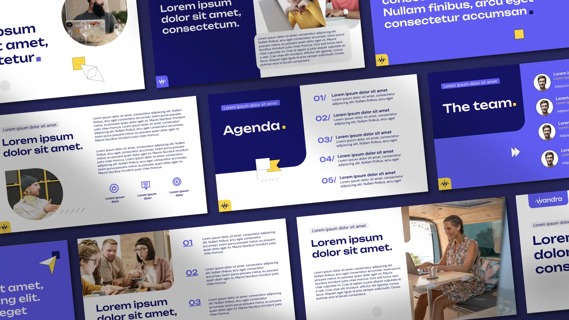 Collage of presentation slides with lorem ipsum text, agenda, team photos, and icons in blue and white design.