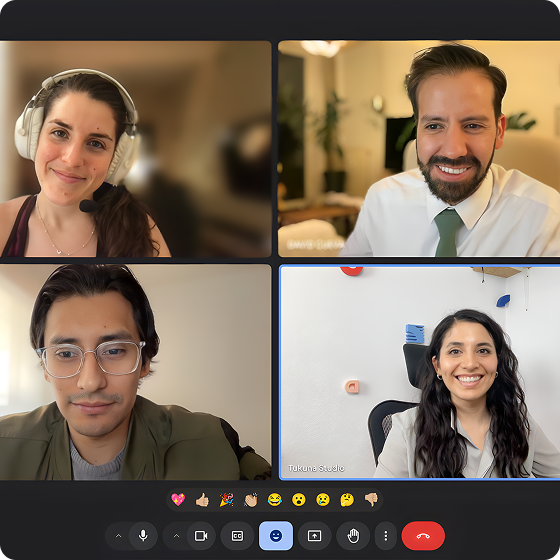 Video call screen showing four diverse professionals smiling and engaging, each in their own home or office backgrounds.