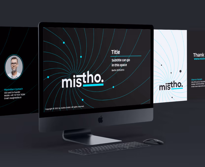 Apple iMac displaying a digital presentation titled 'mistho' with a swirling blue line design on a dark background.