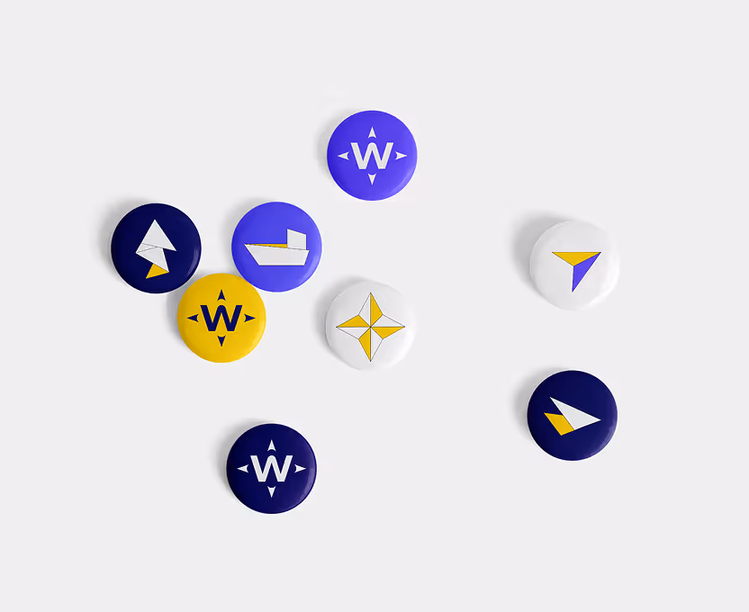 Nine round tokens featuring nautical-themed icons in blue, yellow, and white colors on a white background.