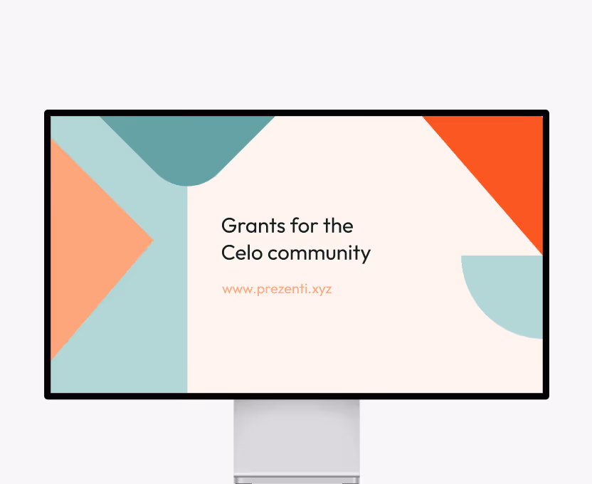 Computer monitor displaying text 'Grants for the Celo community' and the website www.prezenti.xyz with colorful geometric background.