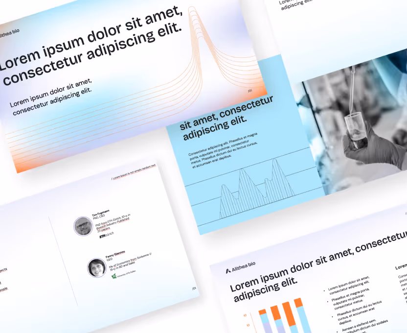 Collage of presentation slides with placeholder text, graphs, and a lab technician holding a glass vial with pipette.