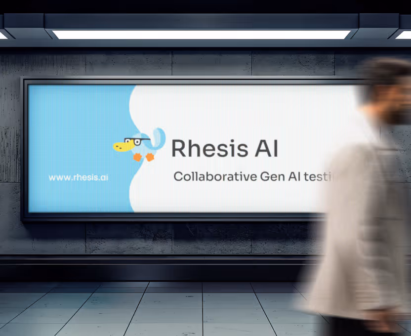 Subway station wall advertisement for Rhesis AI featuring a stylized duck logo and the text 'Collaborative Gen AI testi'.
