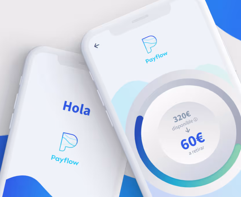 Two smartphones displaying Payflow app screens, one showing a welcome message 'Hola' and the other showing account balance with 320€ available and 60€ to withdraw.