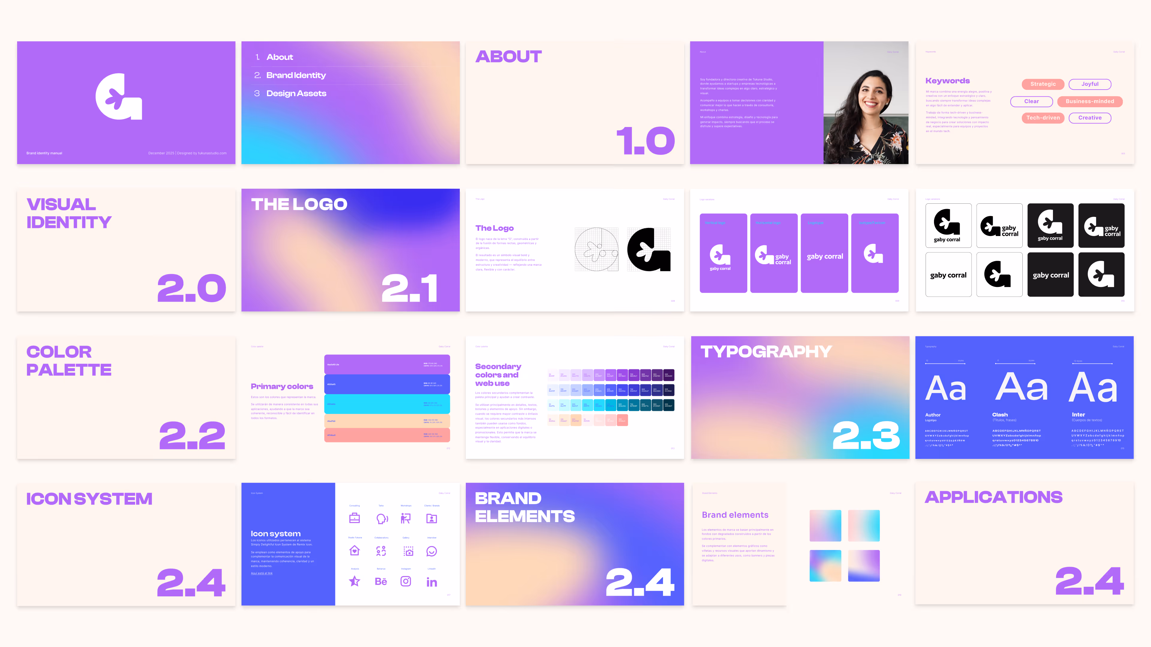 Brand identity presentation slides showcasing logo design, color palette, typography, icon system, and brand elements with vibrant gradients and purple accents.