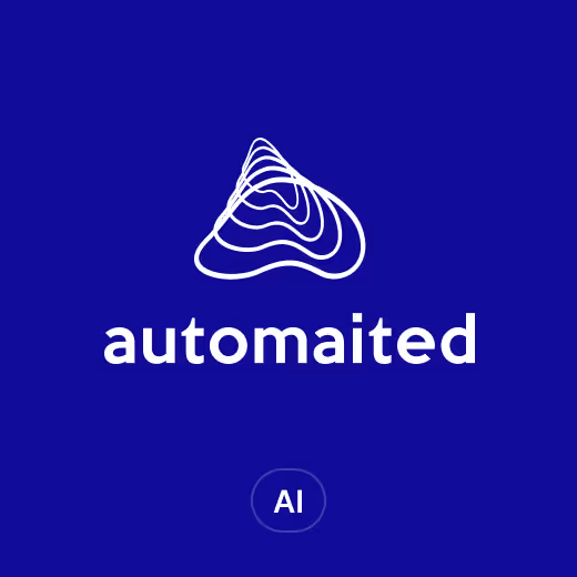 Automaited AI logo with an abstract white layered shape above the word automaited on a blue background.