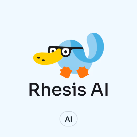 Blue platypus cartoon wearing black glasses with orange webbed feet, above the text 'Rhesis AI'.