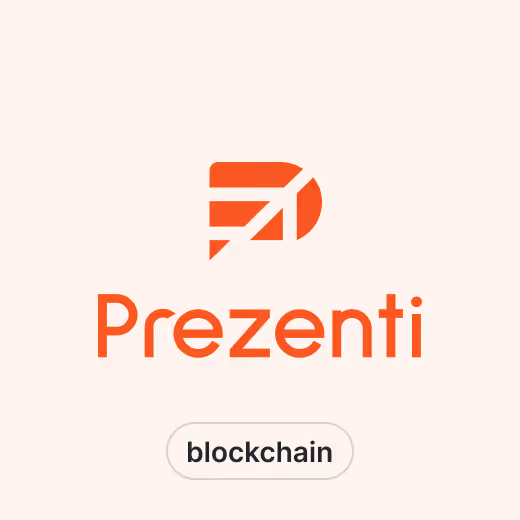 Prezenti logo in orange with the word 'Prezenti' and a blockchain label underneath.