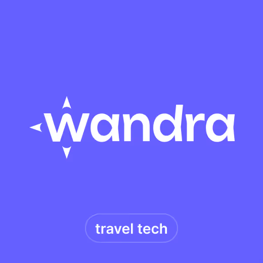 Wandra logo with directional arrows around the 'w' on a purple background, and the phrase 'travel tech' below.