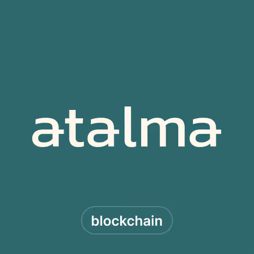 Atalma logo with the word blockchain below on a teal background.
