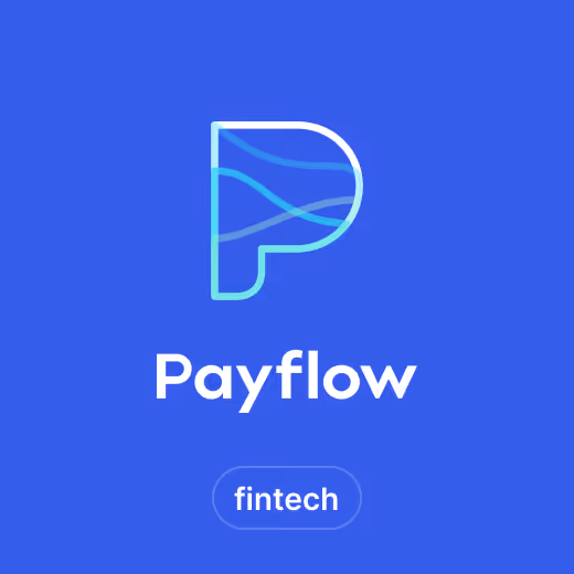 Payflow logo featuring a stylized letter P with wave lines and the word Payflow below on blue background with fintech label.