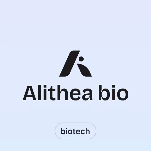 Alithea bio company logo with abstract black A-shaped design above the text 'Alithea bio'.
