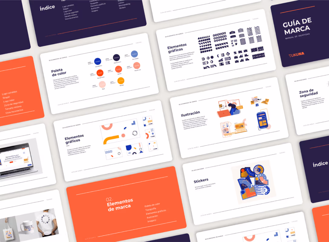 Collage of brand identity elements including logos, color palettes, typography, icon systems, product applications, and a person working on a laptop for Rhesis AI.