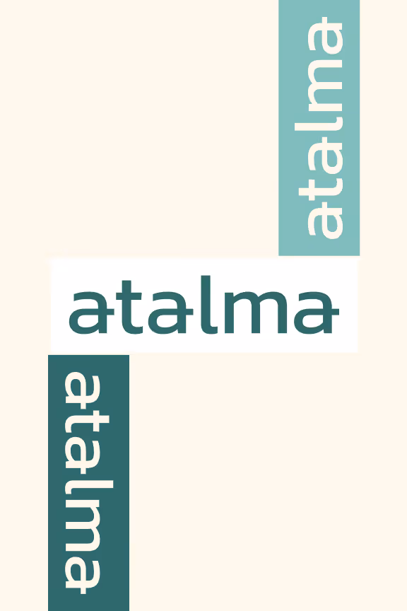 The word 'atalma' displayed three times in different orientations and background colors: horizontally in dark green on white, vertically in white on teal, and vertically in white on dark teal.