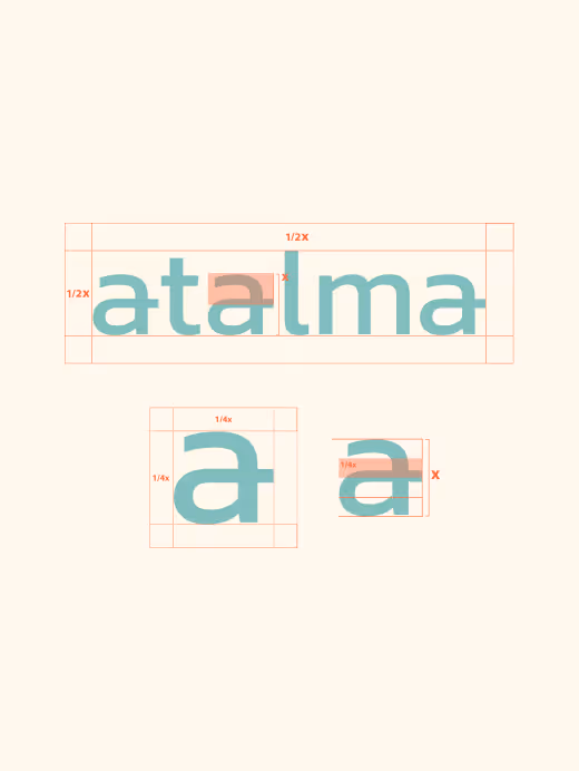 Design blueprint with measurements for the text 'atalma' and individual letter 'a' in different sizes.