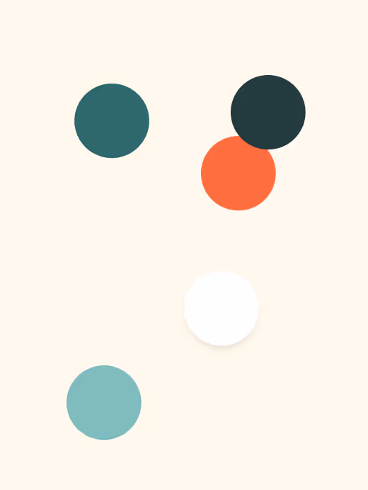 Six solid circles in different colors—dark green, teal, red-orange, black, white, and light teal—arranged on a beige background.