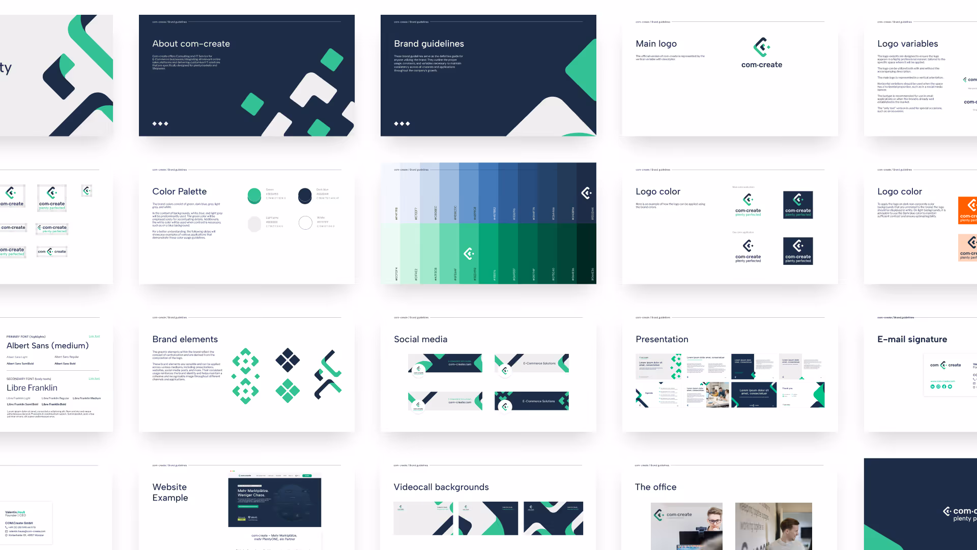 Brand identity presentation slides showcasing logo design, color palette, typography, icon system, and brand elements with vibrant gradients and purple accents.