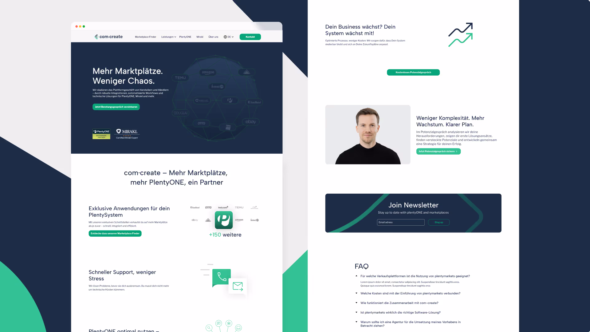 Website screenshot of com.create promoting PlentyONE integrations with marketplace logos and text on scalable platform solutions for businesses.