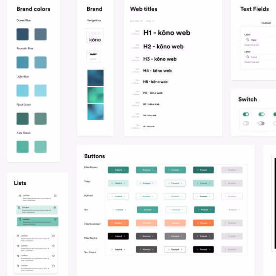 Design system UI elements showing brand colors, navigation brand logos, web title typography in multiple heading styles, text field examples, toggle switches, various button styles, and list components.
