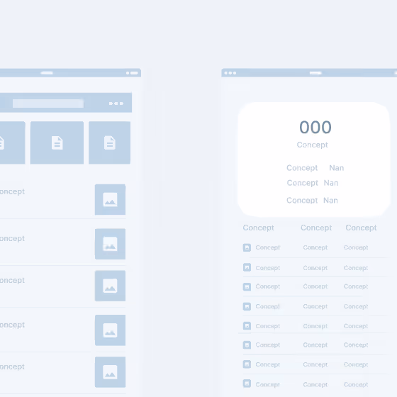 Wireframe-style digital dashboard with two browser windows displaying document icons, image previews, and labeled concept lists for product design.