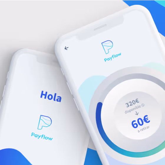 Two smartphone screens showing Payflow app; one says 'Hola' with the logo, the other displays account balance and withdrawal amount in euros.