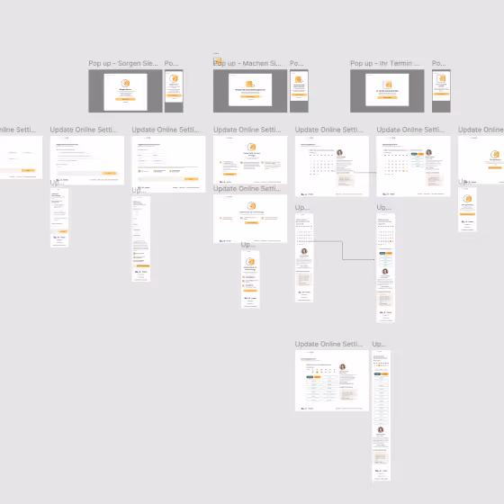 User interface wireframe showing multiple connected screens for updating online settings and managing appointments in a web or mobile application.