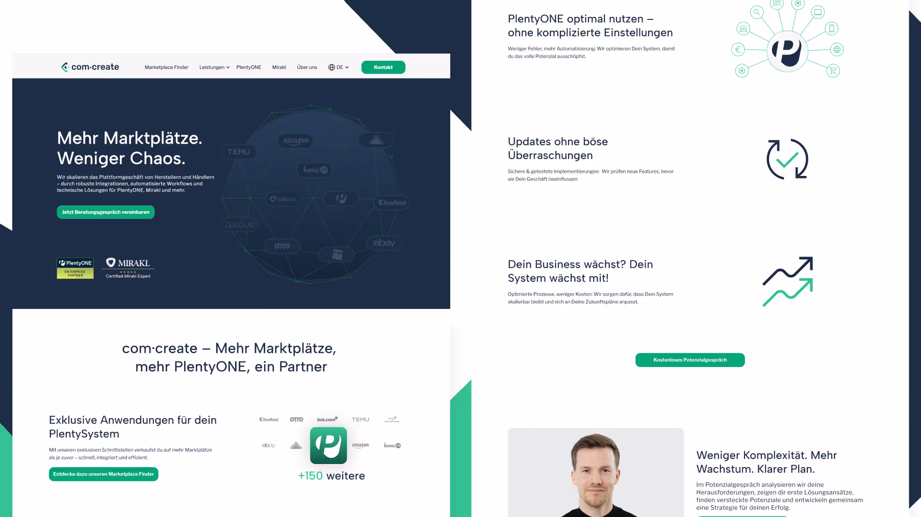 Website homepage of com.create showcasing marketplace solutions, PlentyONE integrations, and a professional profile picture.