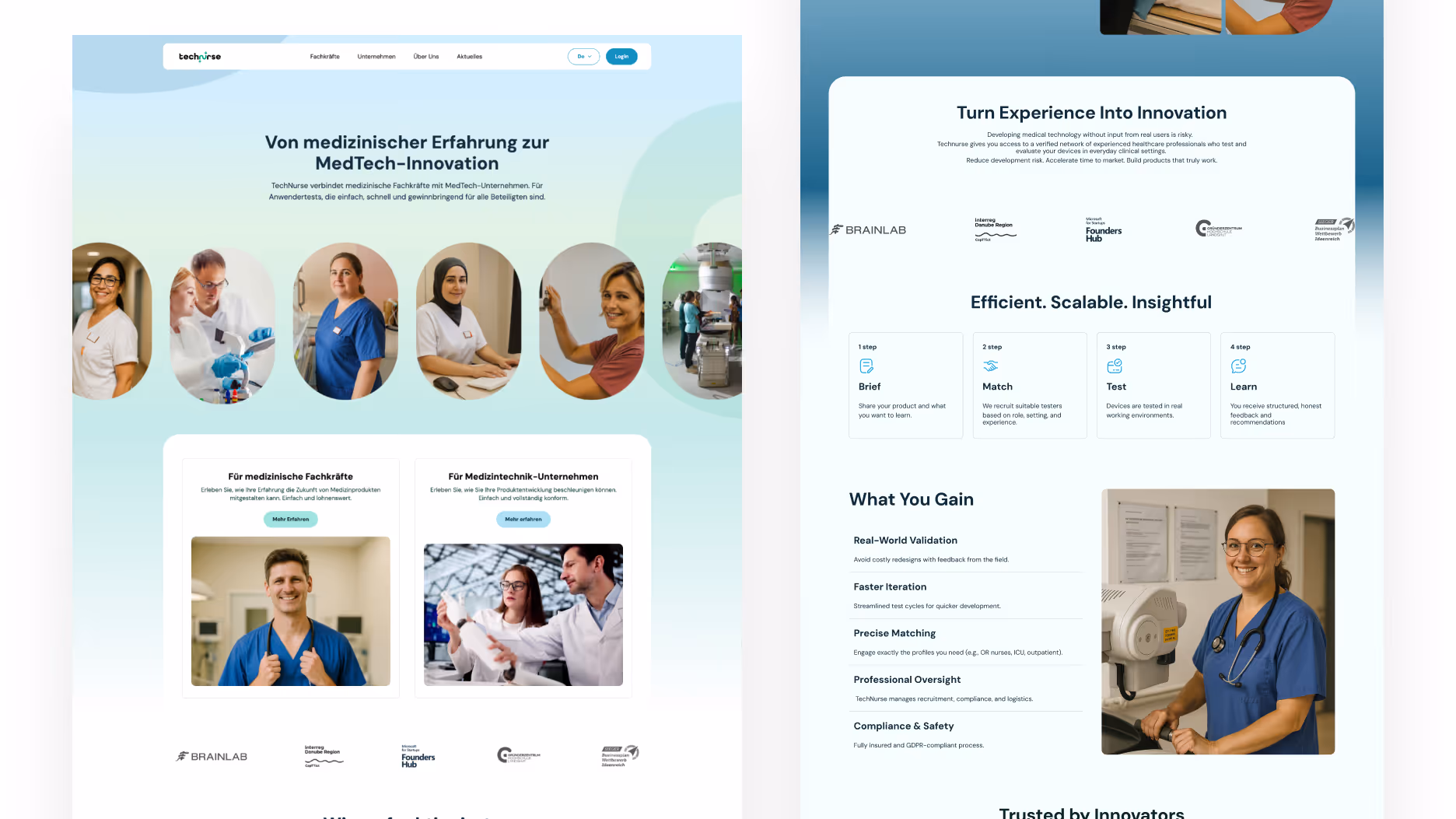 Website homepage showcasing MedTech innovation with images of healthcare professionals and technology, emphasizing scalable, insightful medical expertise.