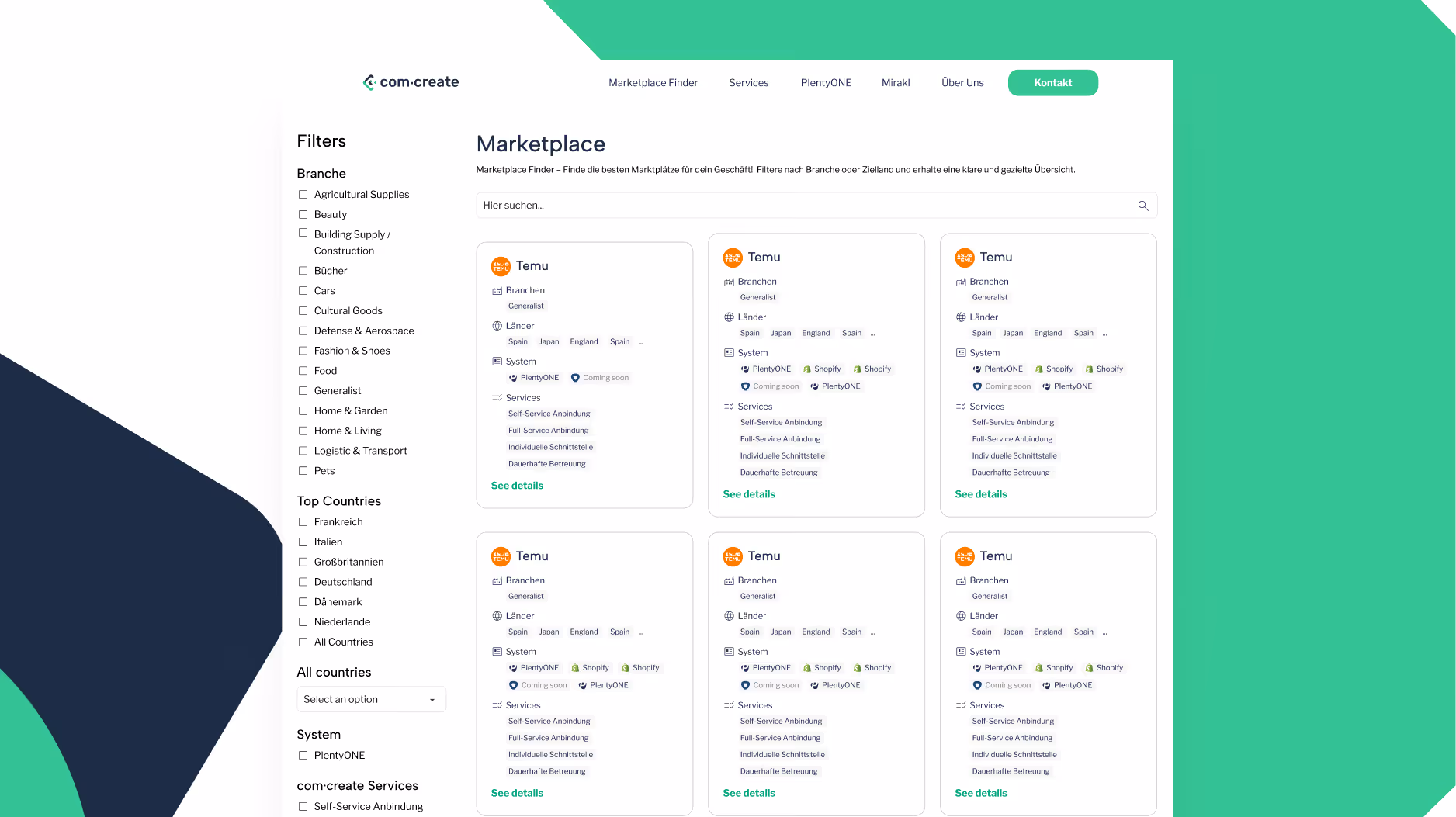 Comcreate website homepage highlighting marketplace integration, PlentyONE optimization, and exclusive apps for PlentySystem with a man’s portrait.