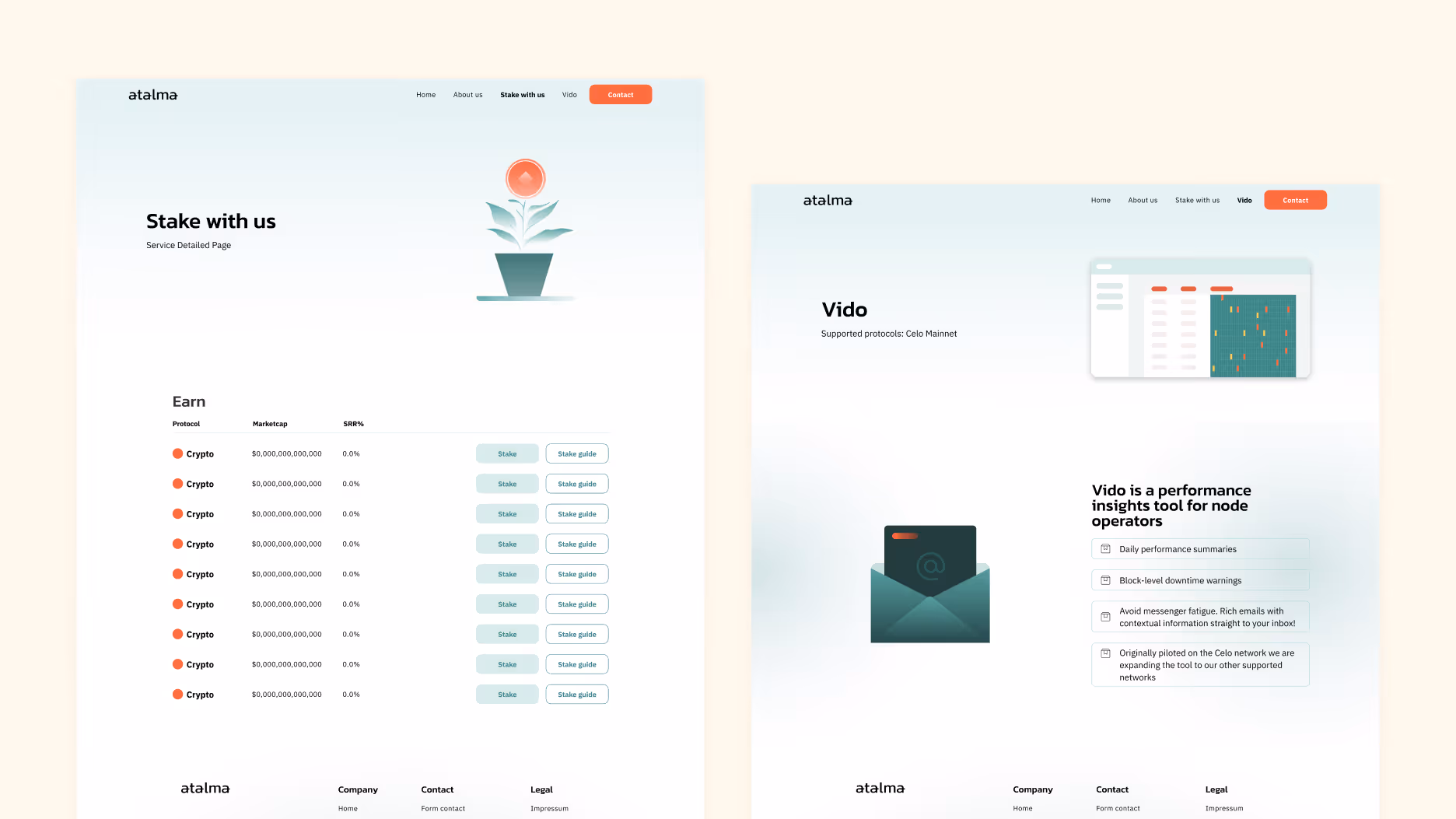 Website interface showing Atalma’s Stake with us page with crypto earnings data and a plant graphic, and Vido performance insights tool page for node operators with feature highlights.
