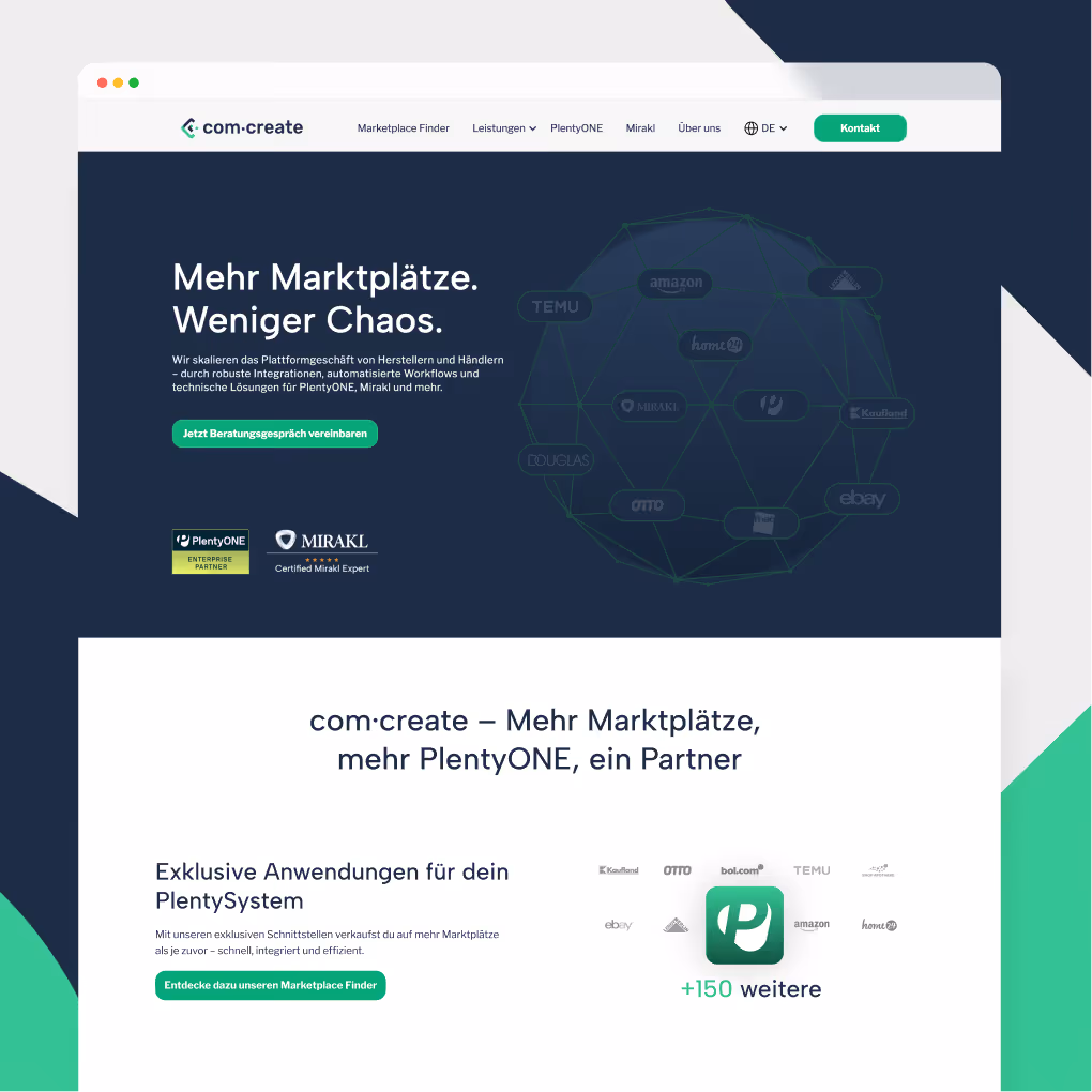 Website screenshot of com•create showcasing marketplace integration with PlentyONE and Mirakl, highlighting scalable platform services and exclusive applications for PlentySystem.