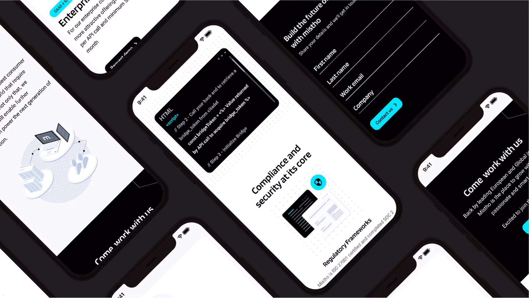 Multiple mobile phone screens display a compliance and security core app interface with dark and light themed pages.