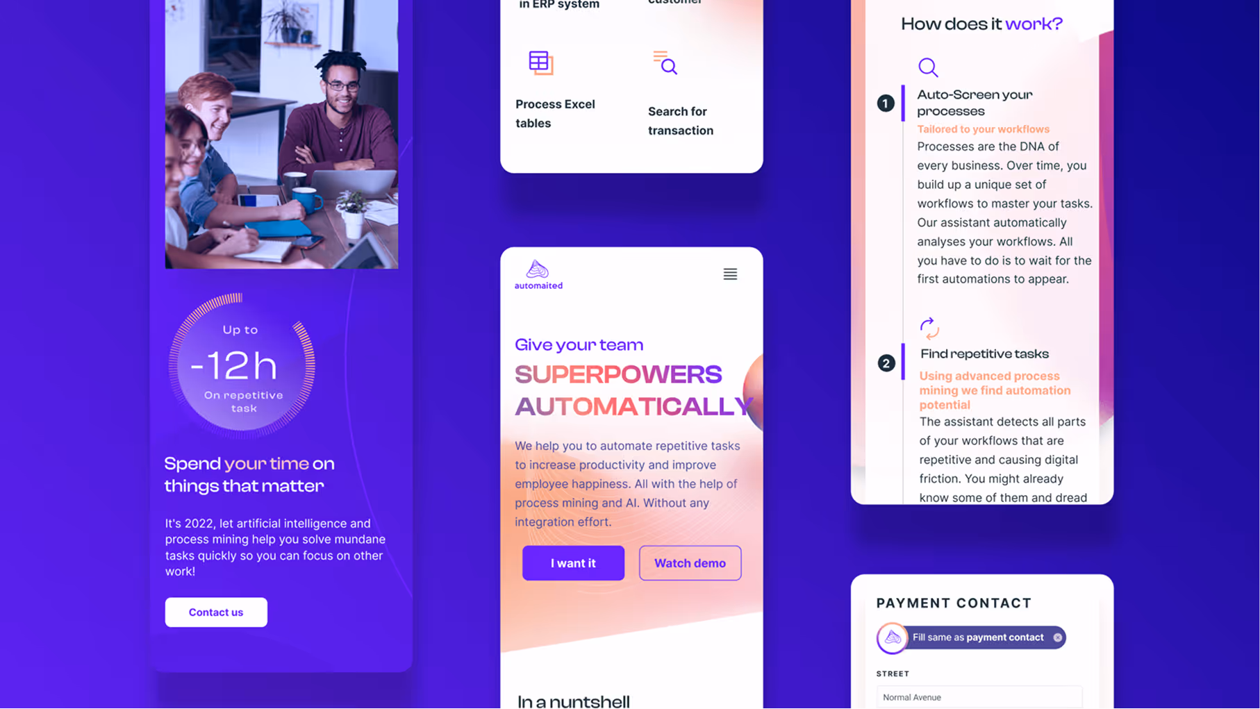 Website interface showcasing automated workflow features, including team productivity boosts, process automation steps, and a contact form, on a purple gradient background.