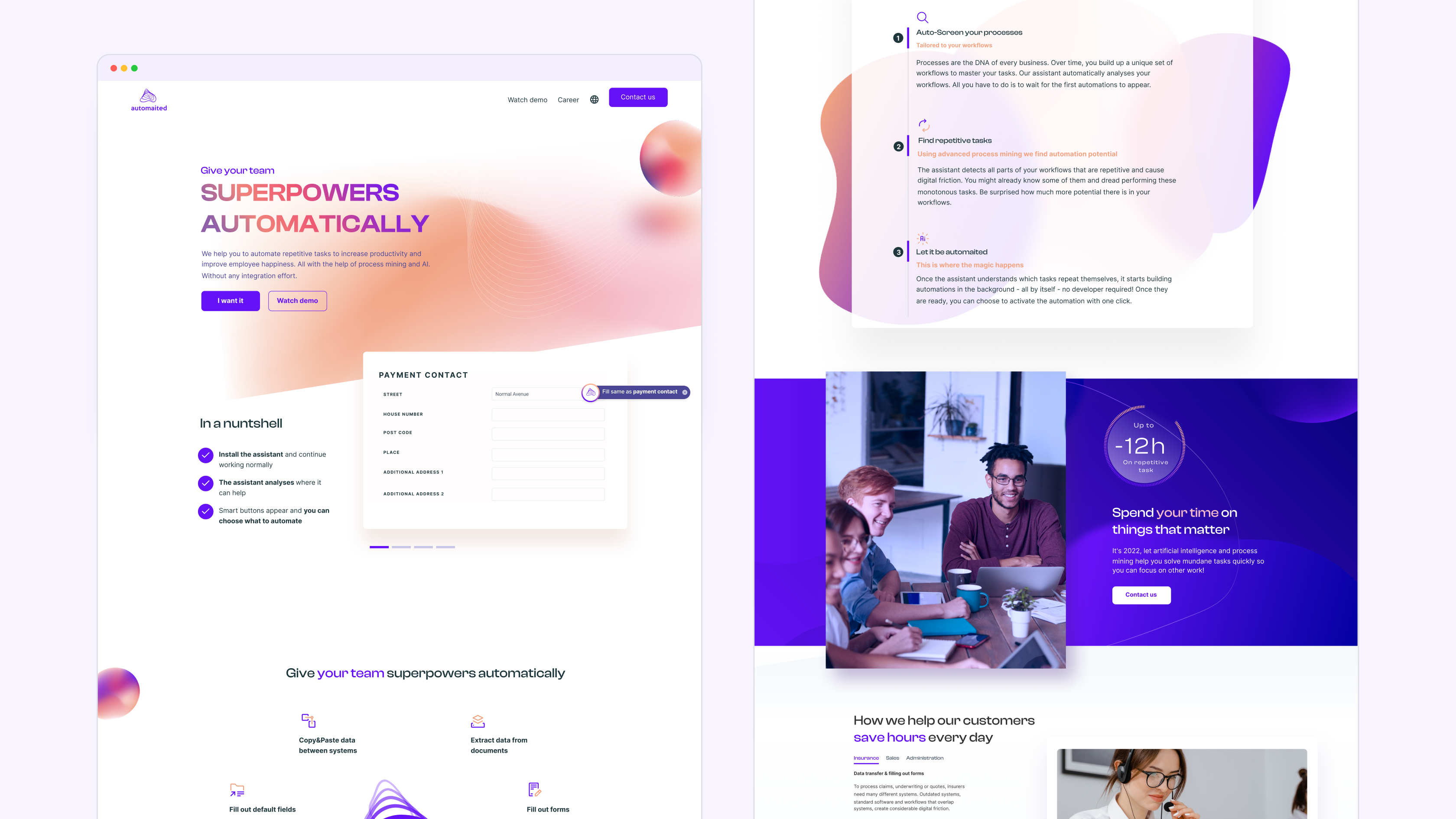 Website homepage highlighting automated workflow and task automation with team collaboration images and key benefits in purple and orange gradient design.