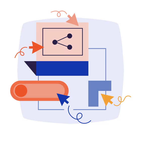 Abstract illustration of user interface elements including arrows, a slider toggle, and a network icon connected by lines.
