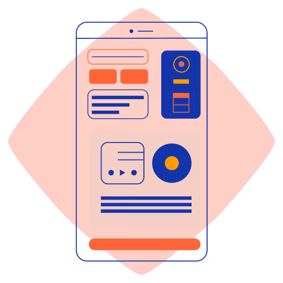 Stylized illustration of a smartphone screen displaying abstract app interface elements in blue, orange, and red on a pink diamond-shaped background.