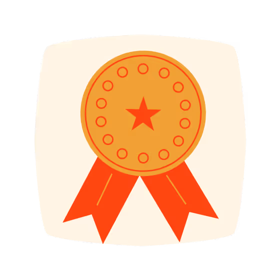 Illustration of an orange award ribbon with a star in the center and circular dots around it.