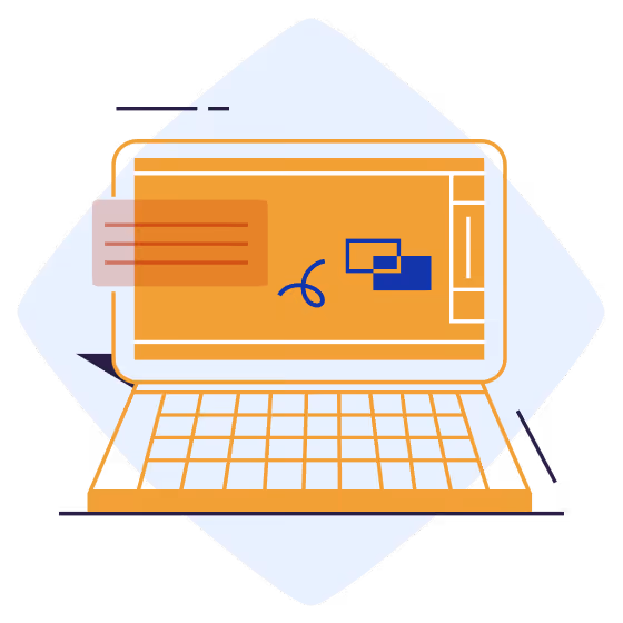 Illustration of an open laptop with abstract shapes and text blocks on the screen against a pale blue rounded diamond background.
