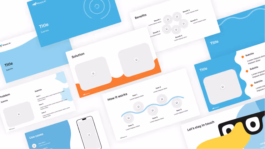 Collection of blue and white Google Slides presentation templates featuring titles, subtitles, icons, and infographic layouts.