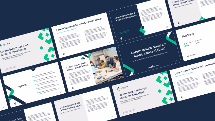 A digital portfolio presentation with multiple slides featuring placeholder text, geometric green accents, and a photo of people collaborating in an office.