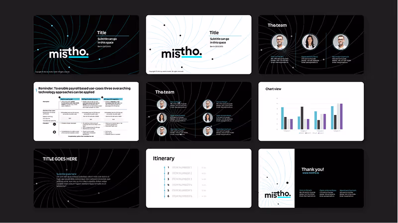 A presentation slide layout with a black and white theme featuring the logo 'mistho', team member photos and names, a chart view bar graph, a technology use-case reminder, an itinerary list, and a thank you slide.