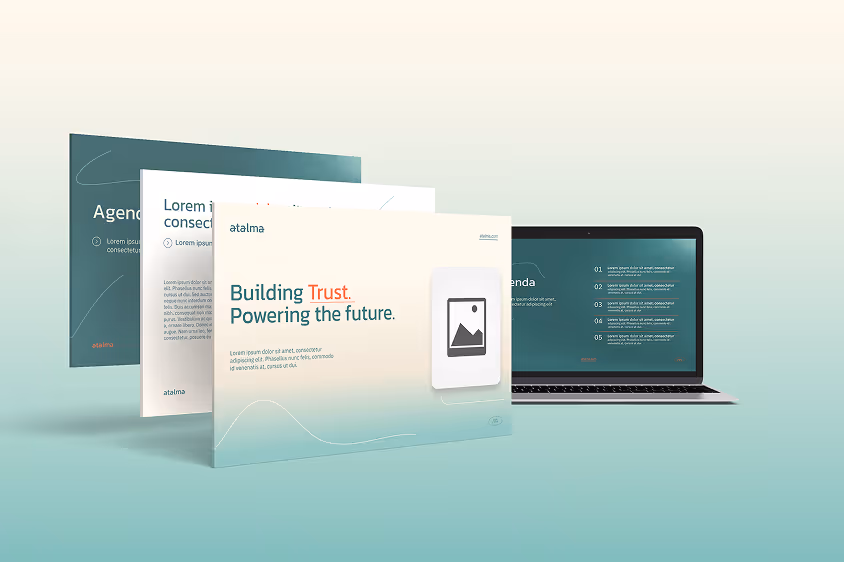 Digital presentation with slides titled ‘Building Trust. Powering the future.’ displayed in front of a laptop showing an agenda slide.