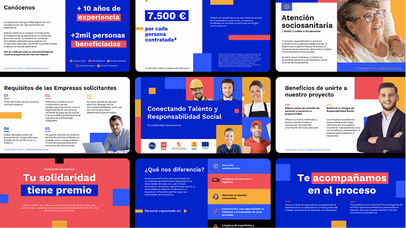 Informative infographic in Spanish about Amiga HIRA España association, highlighting over 10 years of experience, 2,000+ beneficiaries, hiring incentives of 7,500 euros per person, social care, company requirements, benefits of joining, and solidarity rewards with images of people in professional settings.