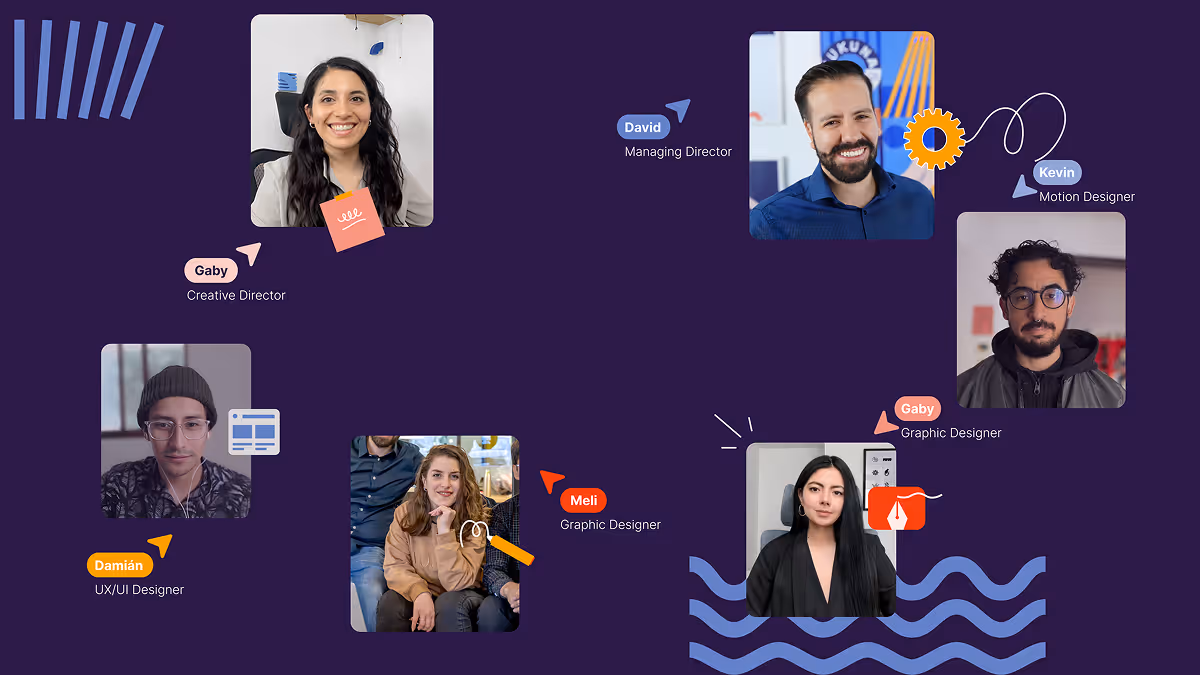 Portraits of six diverse creative team members with names and roles on a dark purple background.