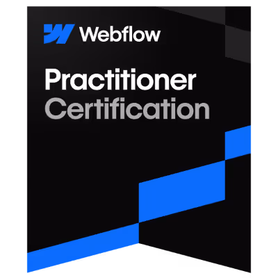 Webflow Practitioner Certification badge with a black background and blue geometric design.
