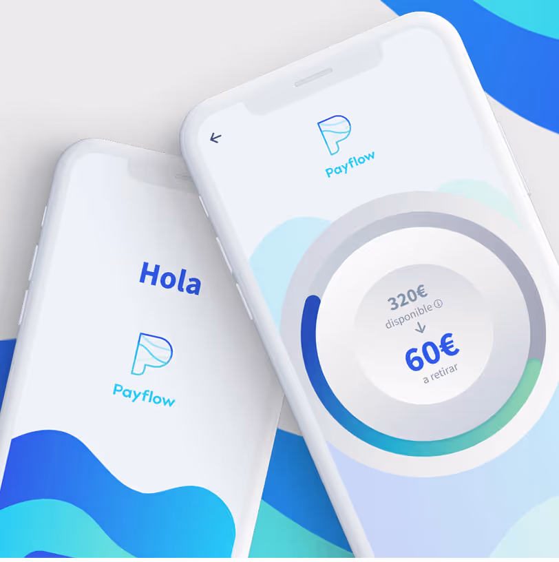 Two smartphones displaying the Payflow app; one shows a welcome screen with 'Hola' and the other shows a circular balance graphic indicating 320€ available and 60€ to withdraw.