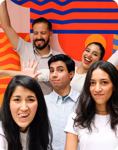 Group of five diverse young adults smiling and making playful faces against a colorful abstract background.