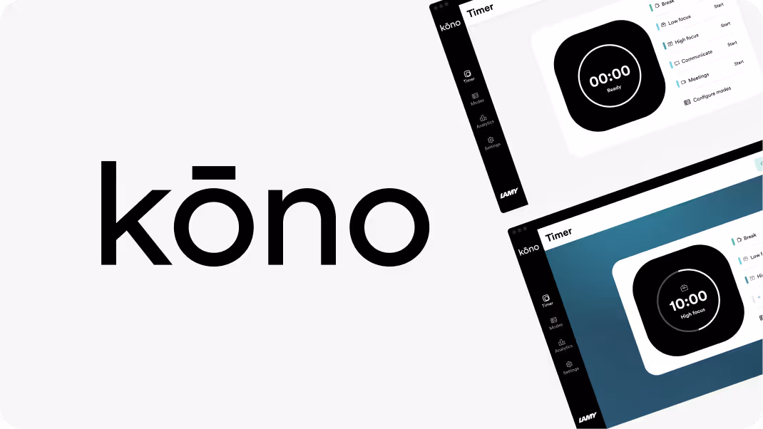Kōno logo with screenshots of a timer app displaying 00:00 ready and 10:00 high focus modes.